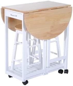 Kitchen Dining Table and Chairs Small Folding Set Drop Leaf Breakfast 3pc Wooden Space Saving Wheels 2 Stools Cafe Compact Bar Pub Furniture