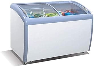 Commercial Angle Curved Top Chest Freezer Glass Top, Deep Ice Cream Freezer with 2 Wire Baskets, Adjustable Thermostat, Locking Coasters, 9 Cubic Feet, White