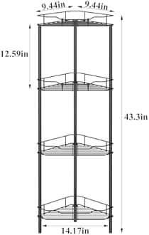 4 Tier Floor Standing Corner Shower Caddy Organizer Shelf with Hooks, Bathroom Shelves Stand Rack, Matt Black
