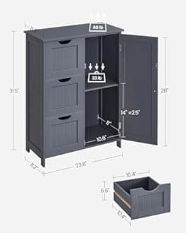 VASAGLE Floor Storage Cabinet, Freestanding Storage Unit with 3 Drawers, 1 Adjustable Shelf, for Bathroom Living Room Dining Kitchen, 11.8 x 23.6 x 31.5 Inches, Slate Gray UBBC049G01 | Freestanding, 3 Drawers, 1 Adjustable Shelf