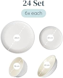 24-Piece Dinnerware Set Hygge Series - Bowl and Plate Set - Stoneware Dining Set for 6 People - Dishwasher and Microwave Safe - Grooved Dining Service in Light Grey