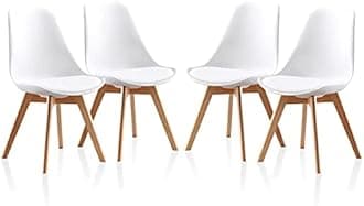 White Dining Chairs Set of 4 Plastic Tulip Retro Kitchen Chairs with PU Cushion Padded Seat and Wood Legs for Home Dining Living Room Office Lounge Reception