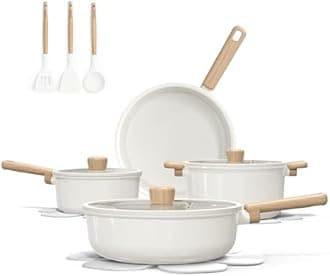 CAROTE 14Pcs Nonstick Ceramic Cookware Set, Non Toxic Cookware PFAS/PFOA Free, Cream White Pots and Pans Set Non Stick, Kitchen Cooking Pan Set, Large Capacity