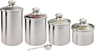 SILVERONYX Beautiful Canisters Sets for the Kitchen Counter, Small Sized, Stainless Steel with Glass Lids and 20 ml Measuring Scoop - Tea Coffee Sugar Canisters - 4 Canisters