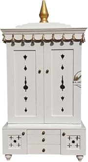 Wooden Temple Mandir White Beautiful Hanging Bells Handcrafted Pooja Ghar Mandir (Design 23)