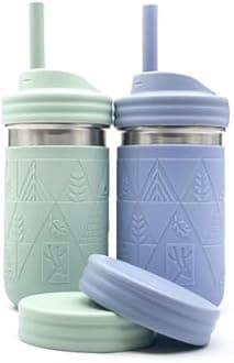 Elk and Friends 14oz Stainless Steel Kids + Toddler Drinking Cups | The Original Mason Jar with Sleeves + Lids | Silicone Straws | Smoothies | Storage Jar | Spill Resistant | Dishwasher Safe | 2 Pack