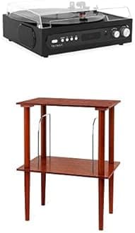 Victrola All-in-1 Bluetooth Record Player with Built in Speakers and 3-Speed Turntable Black (VTA-65-BLK) & Victrola Wooden Stand for Wooden Music Centers with Record Holder Shelf, Mahogany