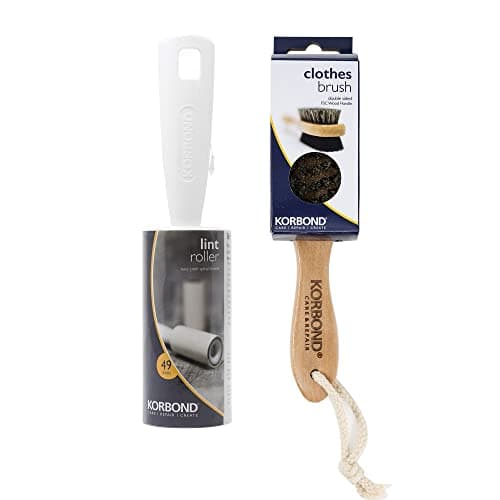 Korbond Clothes Dry Cleaning Total Solution – 1 Double Sided Clothes Brush & 1 LINT Roller (7.4m/49 Sheets) – Suitable for use on All Fabrics – Remove Inground Mud, Dust, Lint and Hair