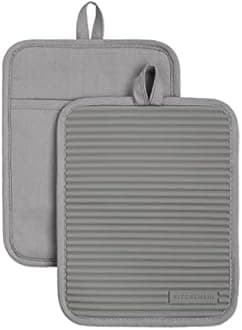 KitchenAid Ribbed Soft Silicone Pot Holder 2-Pack Set, Grey, 7"x9"
