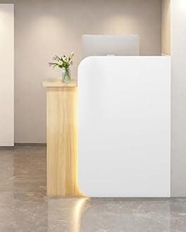 Reception Desk Office Checkout Counter, Modern Front Desk Reception Counter Desk With Lockable Drawer Simple Retail Counter For Retail, Lobby, Beauty Salon Clothing Store(Woodgrain+White,32"Lx18"Wx39"