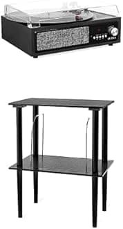 Victrola 3-in-1 Bluetooth Record Player with Built in Speakers and 3-Speed Turntable, Black (VTA-67) & Victrola Wooden Stand for Wooden Music Centers with Record Holder Shelf, Black