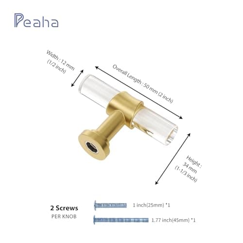10 Pack | Peaha Knobs for Dresser Drawers Gold Decorative Kitchen Cabinet Knobs Acrylic Cabinet Knobs Brushed Brass Cabinet Hardware T Knobs for Cabinets Single Hole, 2in Length