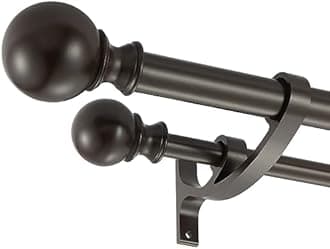Brown Double Curtain Rods - 48 to 84 Inch, Decorative Drapery Rod with Round Finials, 1-Inch Front and 5/8 Inch Back