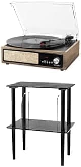 Victrola 3-in-1 Bluetooth Record Player with Built in Speakers and 3-Speed Turntable, Farmhouse Walnut & Victrola Wooden Stand for Wooden Music Centers with Record Holder Shelf, Black