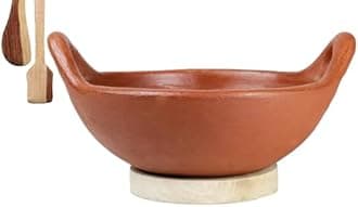 Craftsman India Online Deep Burned Clay Kadai for Cooking and Serving 1 Liter (Red)