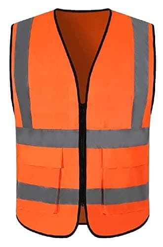 High Visibility Reflective Safety Zipper Polyester Fabric Jacket with 2 Pockets (2", Orange, Grey Reflector)