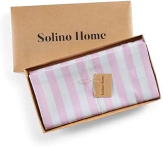 Solino Home Linen Striped Tablecloth 52 x 52 Inch - 100% Pure Linen Pink and White Square Table Throw - Sorrento Stripe, Machine Washable Tablecloth for Summer