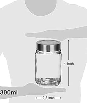 Brezzycloud Piraml Glass Cubical Square Transparent Glass Jars & Containers for Kitchen Pantry, Masala, Honey, Jams, Pickles, Cookies, Dry Fruits, Coffee Beans Storage with Lid (300ml, Set Of 6)