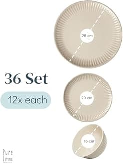36-Piece Dinnerware Set - Bowl and Plate Set - Stoneware Dining Set for 12 People - Dishwasher and Microwave Safe - Grooved Dining Service in Light Brown