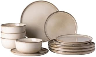 GBHOME Ceramic Dinnerware Sets for 4, 12 Pieces Stoneware Plates and Bowls Sets, Scratch Resistant Dishes, Dishwasher & Microwave Safe, Reactive Glaze-Cappuccino