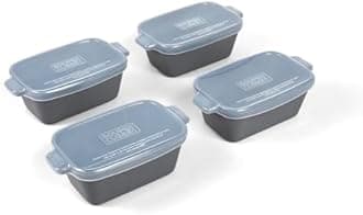 Souper Cubes Stoneware - Small Ceramic 5" x 3" Baking Dish with Silicone Covers, Small Baking Dishes for Oven Perfect for Reheating Single Serve Portions, Set of 4 - Charcoal