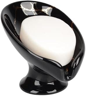 Soap Dish, Ceramic Soap Holder Self Draining Leaf Shape Bar Soap Holder, Marble Look Black Drain Soap Dish Holder for Bathroom, Easy to Clean Keeps Soap Dry, ANTIS'S HOME