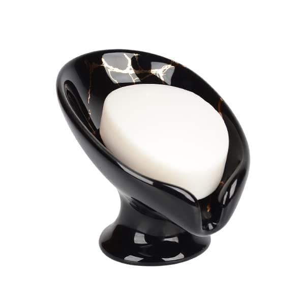 Soap Dish, Ceramic Soap Holder Self Draining Leaf Shape Bar Soap Holder, Marble Look Black Drain Soap Dish Holder for Bathroom, Easy to Clean Keeps Soap Dry, ANTIS'S HOME