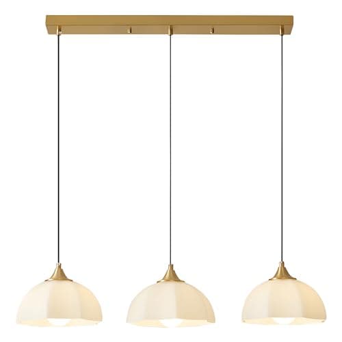 Modern 3 Light Pendant Lighting Gold Linear Dining Room Light Fixture Milk Glass Linear Chandelier Brass and White Pendant Lights Kitchen Island 3 Bulb Hanging Ceiling Light MPL17-3S GD