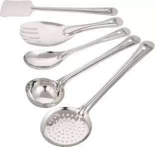 Bekner BKN-005P Stainless Steel Cooking and Serving Spoon Ladle Set, 5-Pieces Kitchen Tool Set (Spatula, Ladle, Skimmer, Cooking Spoon)