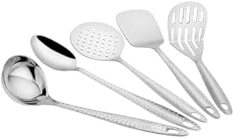 Parage 5 Pieces Stainless Steel Hammered Kitchen Tool Set for Cooking, Cooking Spoons Set, 13 inches, Silver (Contains: 1 Ladle, 1 Skimmer,1 Turner, 1 Spatula, 1 Potato Masher), Silver