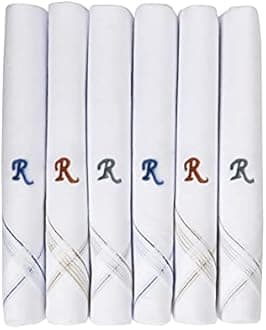 Caruso Italy Men's Initial Monogram (A-Z) Embroidery 100% Pure Cotton Handkerchief White Base With Colored Border - Pack Of 6