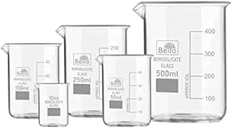 Bello Borosilicate 3.3 Glass Beaker 10 ml, 50 ml, 100 ml, 250 ml, 500 ml with Graduation Marks, Set of 5 Beakers for school collage chemistry lab laboratory