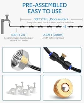 homenote Misting Cooling System 42FT (13M) Misting Line + 15 Brass Mist Nozzles + Brass Adapter(3/4") Outdoor Mister for Patio Backyard Garden Greenhouse Watering