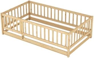 Twin Size Floor Bed with Door and Fence,Montessori Floor Bed with Safety Guardrails,Solid Wood Twin Size Floor Bed Frame for Girls Boys,Kids Montessori Bed Twin Size,Natural