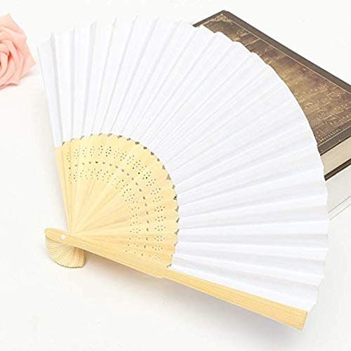 Folding Paper Bamboo Handheld Fan - 50 Pack Hand Held White Foldable Paper Folded Fan for Church Wedding Gift Party Favors DIY Decoration