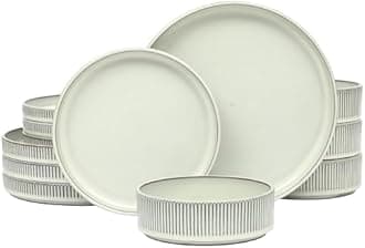 Gibson Elite 12 Piece (Service for 4) Townscape Plates and Bowls Reactive Glaze Embossed Round Dishes Terracotta Ceramic Dinnerware Set - Cream White