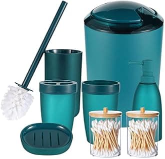 iMucci 8Pcs Blue Bathroom Accessories Set - with Trash Can Toothbrush Holder Soap Dispenser Soap and Lotion Set Tumbler Cup