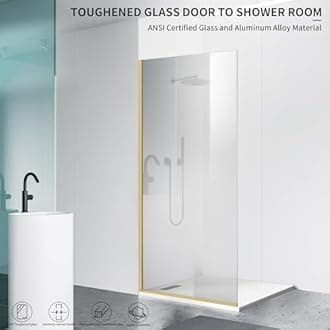 Xilewying Semi-Framed Fixed Bathroom Shower Glass Door, 34"*74" Single Shower Glass Screen Panel, 5/16"(8mm) Clear Tempered Glass Shower Door for Walk-in Shower, Brushed Gold