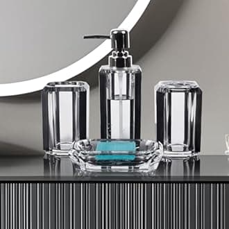 4 Piece Premium Acrylic Bathroom Accessory Set, Hand Sanitizer Bottle, Lotion Can Bathroom Suit, Separate Bottle Soap Box, Mouthwash Cup, Toothbrush Cup(Brushed Black)