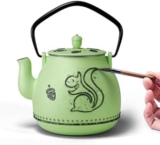 Toptier Teapot with Removable Infuser, Cast Iron Tea Kettle Stovetop Safe, Squirrel Design Tea Pot Coated with Enameled Interior for 32 Ounce (950 ml), Bright Green