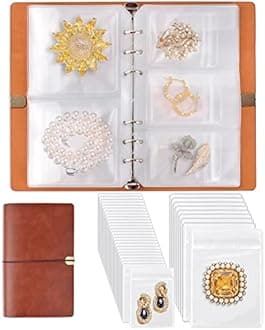 ChezMax Jewelry Organizer Book, Travel Jewelry Storage Book with Pockets, PU Leather Earrings Album, Small Accessories Holder for Bracelets Necklace Rings (40 Grids+40 Anti-Oxidation PVC Bags)