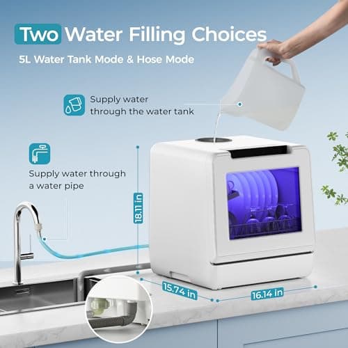EUHOMY Countertop Dishwasher Portable, 8 Programs Mini Dishwasher with 5L Built-in Water Tank and Inlet hose, No Hookup Needed, Dishwasher with Self Clean/Baby Care/Air Dry, for Apartments, RVs, White