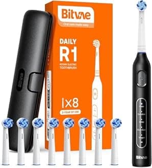 Bitvae Rotating Electric Toothbrush For Adults And Kids,Rechargeable Toothbrush With 8 Brush Heads,60-Day Battery Life,5 Modes,Black