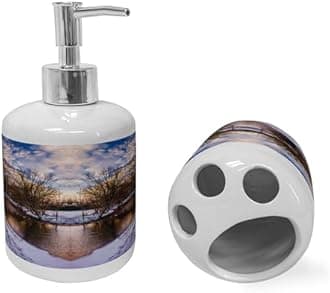 Ambesonne Landscape Soap Dispenser & Toothbrush Holder Set, Snowy Winter Park Trees Heart Shape Lake River Sunset View Symmetrical Art, Ceramic Bathroom Toiletry Accessories, 2 Pcs, Brown and White