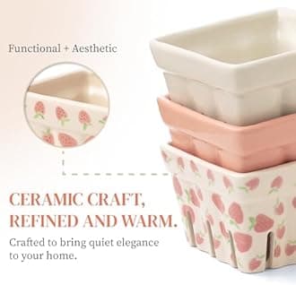 NOSTALGIE Farmhouse Ceramic Berry Basket, Strainer Bowl, Rustic Kitchen Decor Fruit Baskets, Pink White and Strawberry Pattern Stoneware Decorative Bowl Set of 4