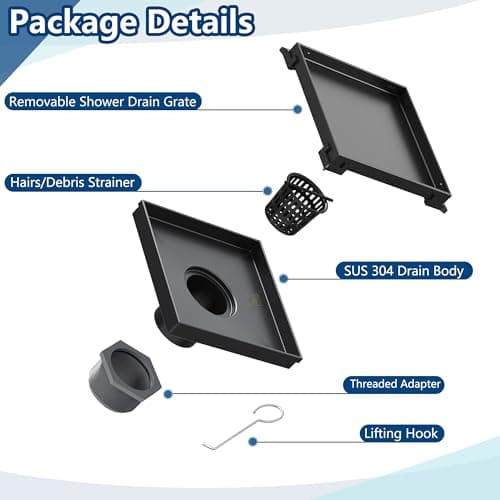 Neodrain 6-Inch Square Shower Drain with Removable Tile Insert Grate,Matte Black 304 Stainless Steel, CUPC Certified, Includes Hair Strainer