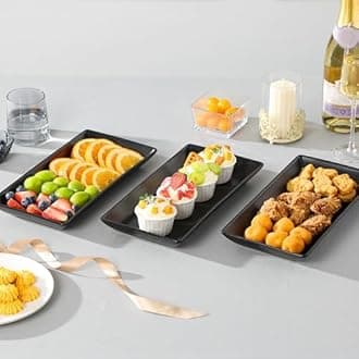 MALACASA 3 Tier Serving Trays for Party, 12 Inch Porcelain Black Trays for Serving Food, Dessert Stand with Collapsible Gold Metal Rack