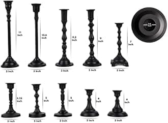Koyal Wholesale Mixed Taper Holders, Set of 10, Mismatched Candlesticks Set, Bohemian Decorative Taper Candle Set Holder for Modern Candle Centerpieces, Mantle Decor, French Provincial (Matte Black)