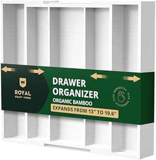 ROYAL CRAFT WOOD Luxury Bamboo Kitchen Drawer Organizer - Silverware Organizer - Utensil Holder and Cutlery Tray with Grooved Drawer Dividers for Flatware and Kitchen Utensils (5 Slot, White)
