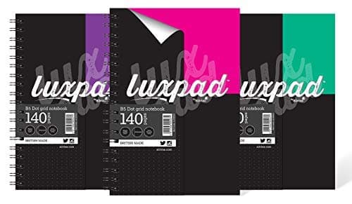 Luxpad B5 Flexi-Covered Wirebound Notebooks in 3 Assorted Colours. 140 Pages with 5mm Dot Grid Ruling. Pack of 3